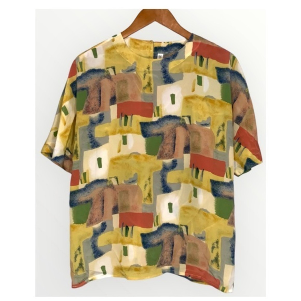 Martinique Yellow Multicolor Modern Art Short Sleeve Business Casual Blouse M
